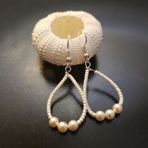 HANDMADE White Bead Teardrop Earrings w/ Pearl Bead Accent